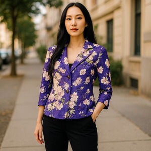 J Peterman Purple Cherry Blossom Cotton One Button 3/4 Sleeve Jacket NWOT Size 4